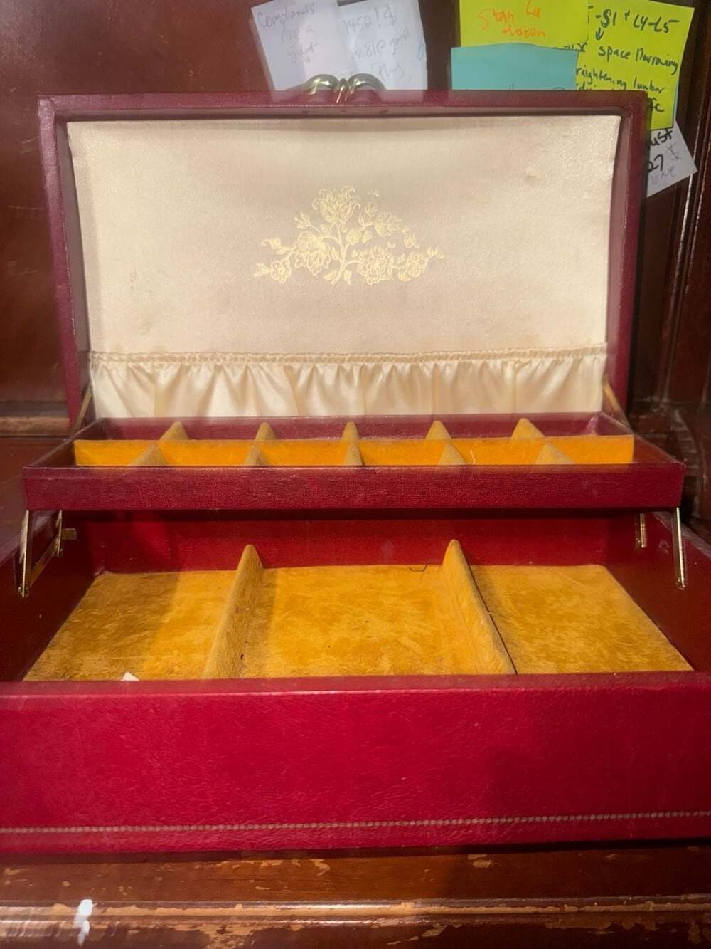 Mele Vintage Red Leatherette Two-Tier Jewelry Box Gold Gilt
